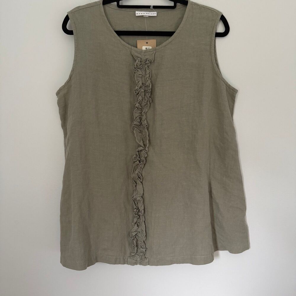 Bryn Walker Linen Ruffle Tank Top Medium Olive Green Sleeveless Blouse NWT